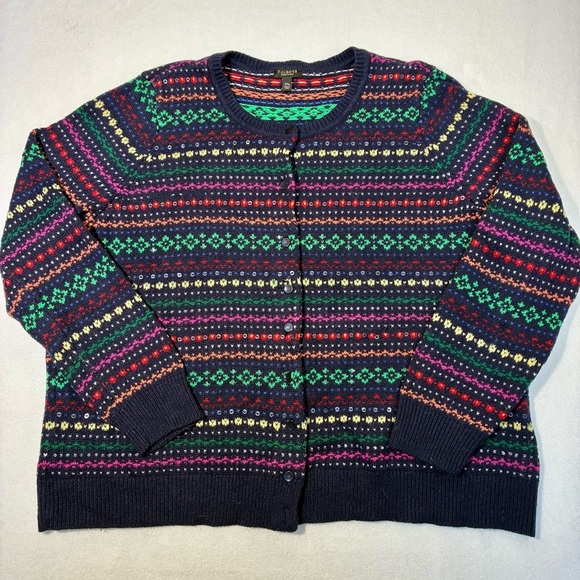 Talbots Vintage Sequin Rainbow Fair Isle Cardigan Sweater Button Up 2x Petite - Picture 1 of 6